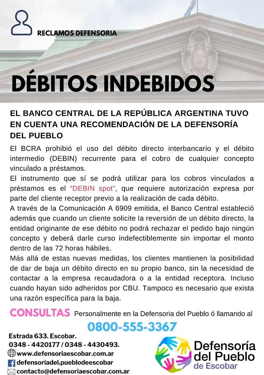 La Defensoría del Pueblo de Escobar, informa sobre Débitos Indebidos