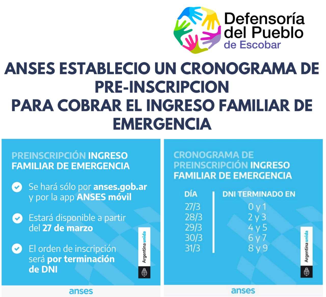 A las 00 Horas del viernes 27 de Marzo, comenzará la Pre – Inscripción para cobrar el Ingreso de Emergencia
