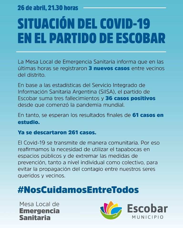 Tres nuevos casos de CORONAVIRUS en Escobar