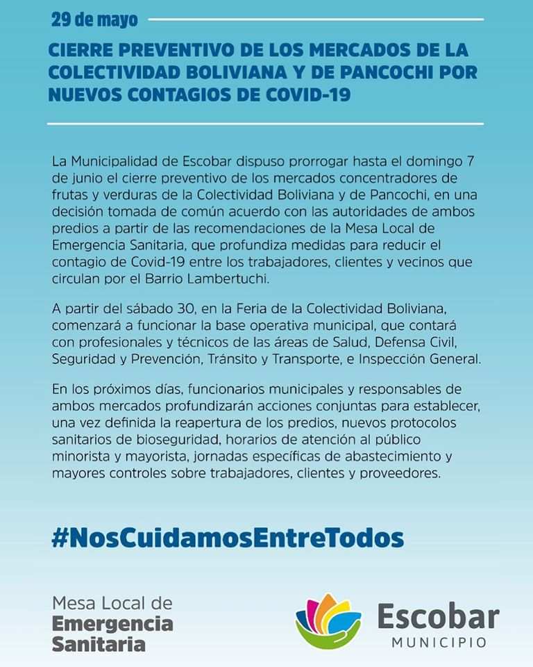 Escobar, Informe de la Mesa Local de Emergencia Sanitaria acerca de la situación actual, por el Coronavirus ,  de los mercados de la Colectividad Boliviana y Pancochi,