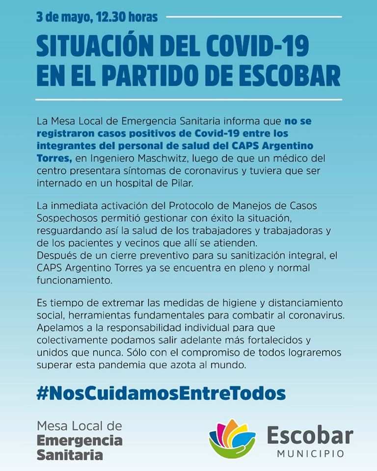 Escobar, no se registron casos positivos de CORONAVIRUS en el personal de Salud del CAPS Argentino Torres de Ingeniero Maschwitz