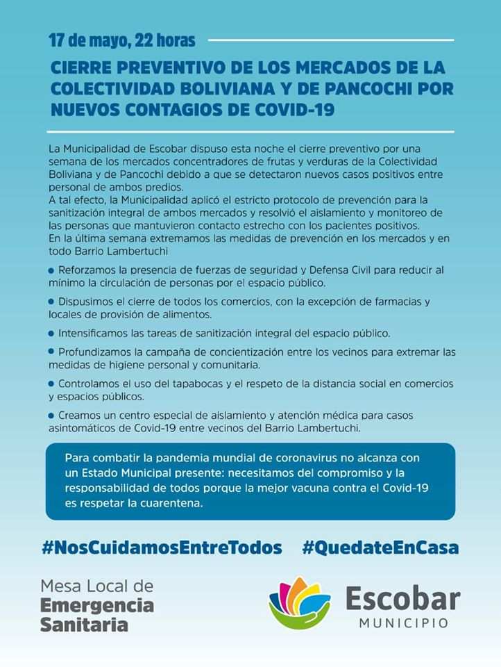 Escobar, cierre preventivo de los mercados de la Colectividad Boliviana y de Pancochi por nuevos contagios de CORONAVIRUS