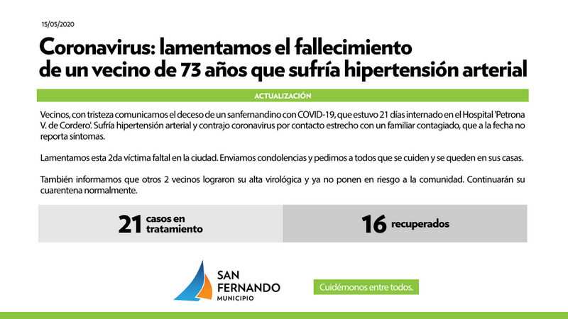 Falleció un vecino de San Fernando de 73 años , por Coronavirus , que además sufría hipertensión