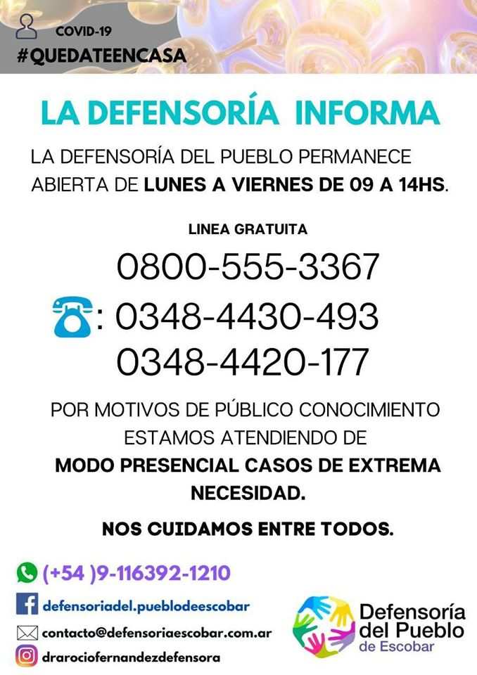 La Defensoría del Pueblo de Escobar atiende de manera presencial casos de Extrema Necesidad