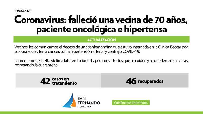 Coronavirus, falleció una vecina de San Fernando que tenía 70 años y era paciente oncológica