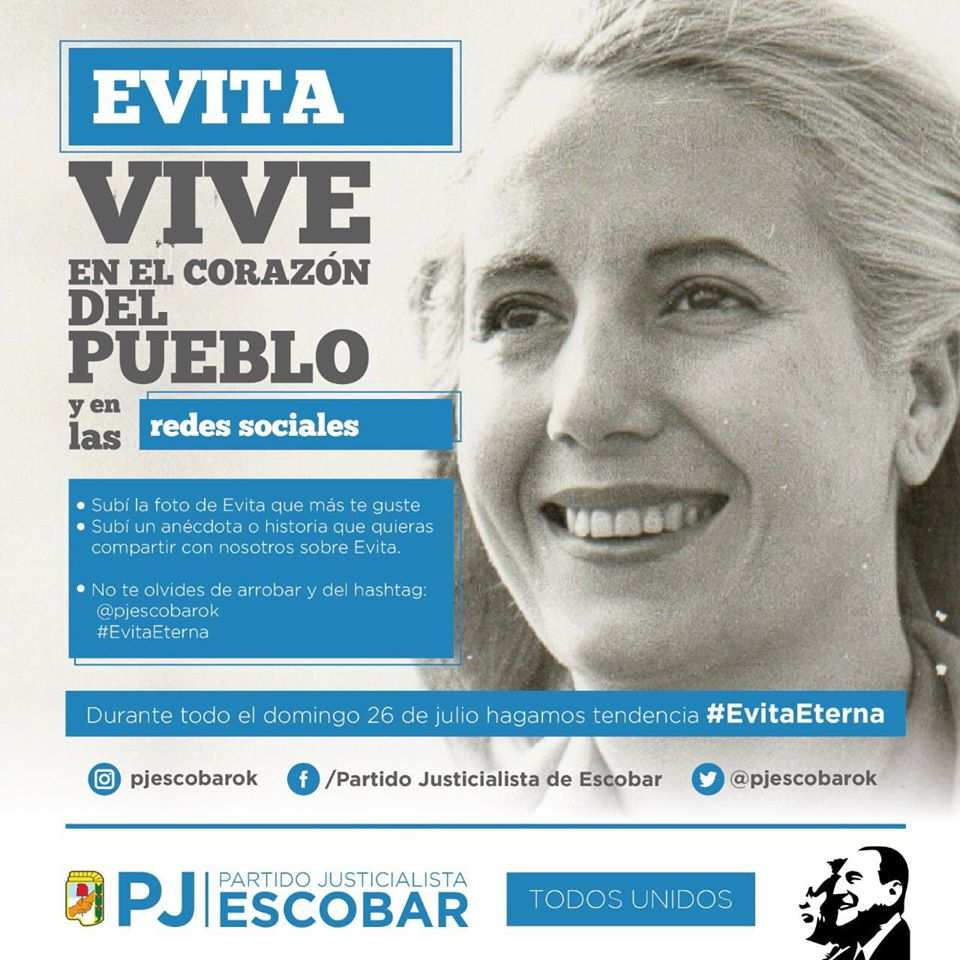 A 68 años de su paso a la inmortalidad, el PJ Escobar rinde homenajes virtuales a Eva Perón