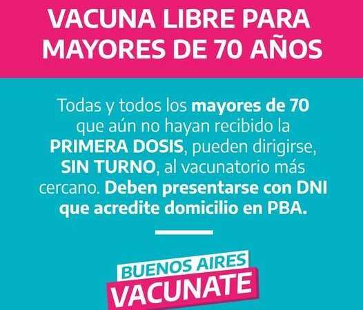Los Mayores de 70 años podrán Vacunarse Sin Turno Previo