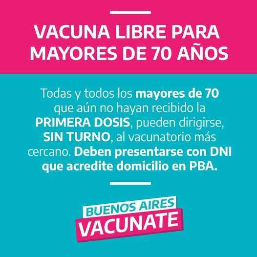 Los Mayores de 70 años podrán Vacunarse Sin Turno Previo