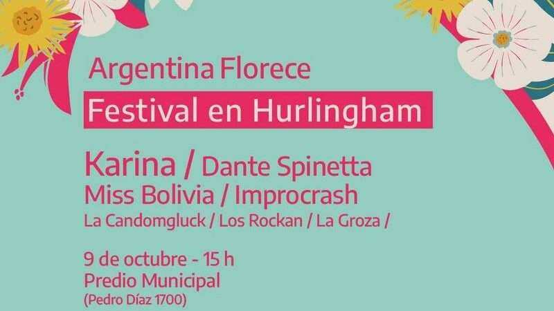 Karina, Dante Spinetta y Miss Bolivia tocan gratis este sábado en Hurlingham, en el Festival “Argentina Florece”