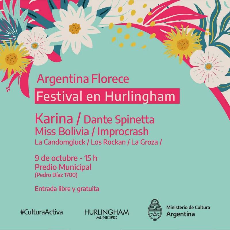Karina, Dante Spinetta y Miss Bolivia tocan gratis este sábado en Hurlingham, en el Festival “Argentina Florece”