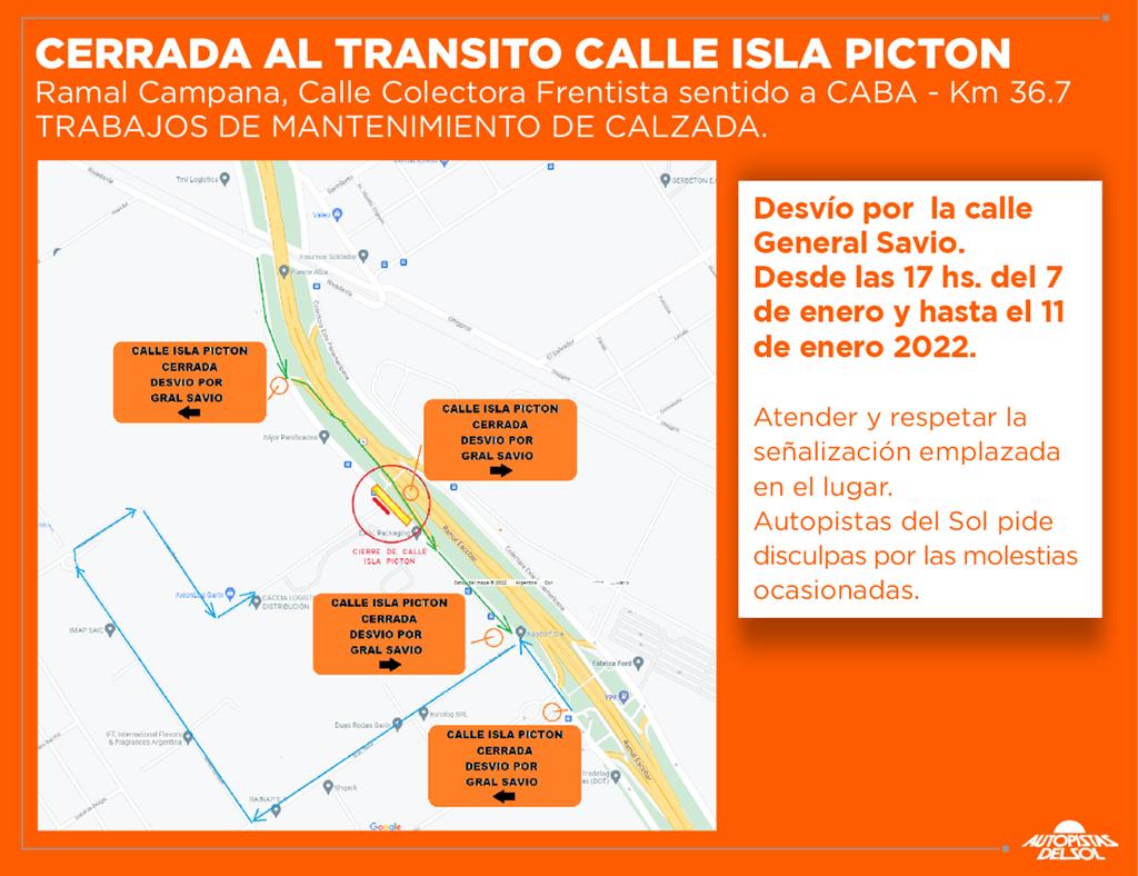 Escobar, desde hoy y hasta el 11 de Enero, calle Islas Picton cerrada al tránsito por trabajo de mantenimiento de Calzada