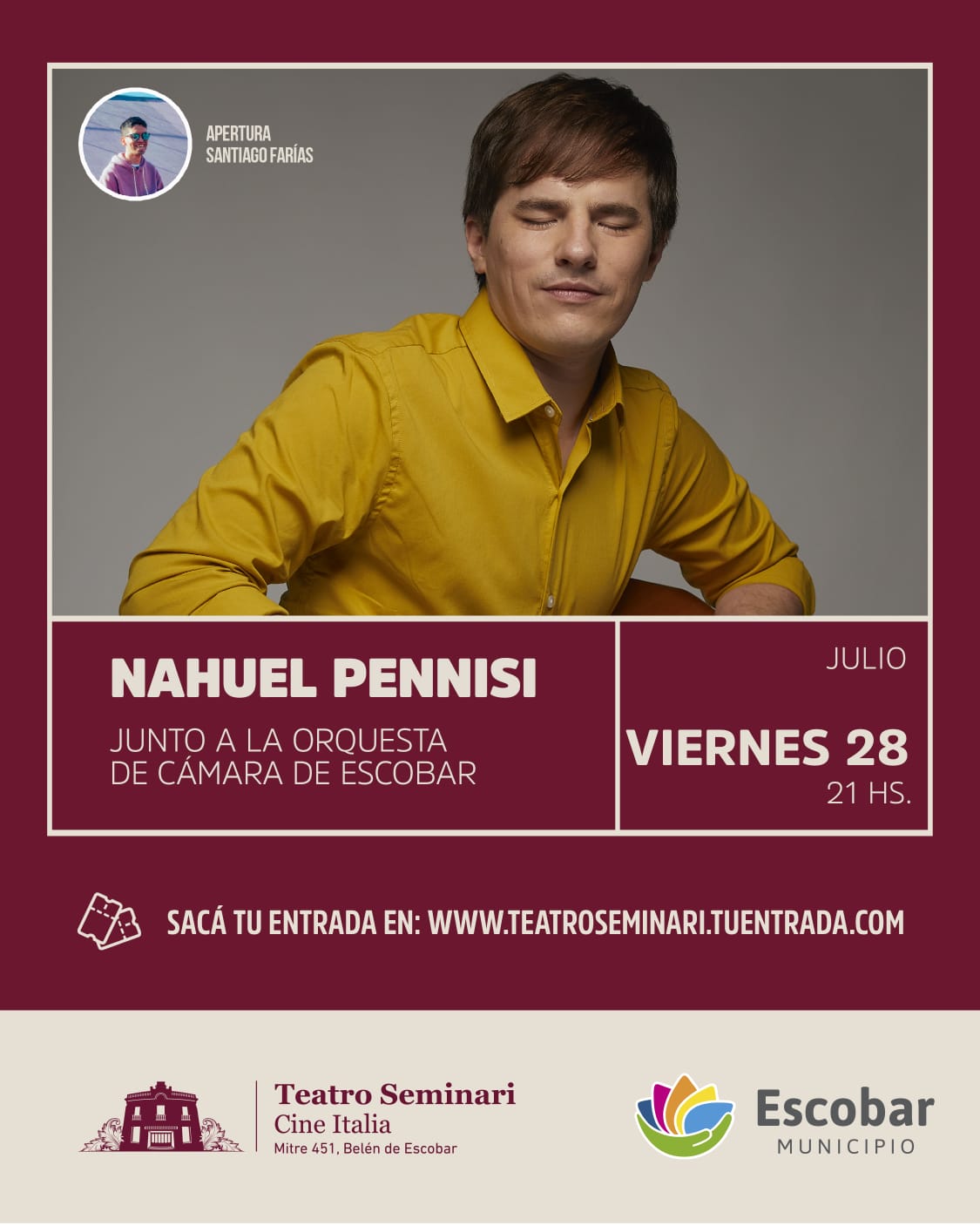 Nahuel Pennisi se presentará en el Teatro Seminari junto a la Orquesta de Cámara de Escobar