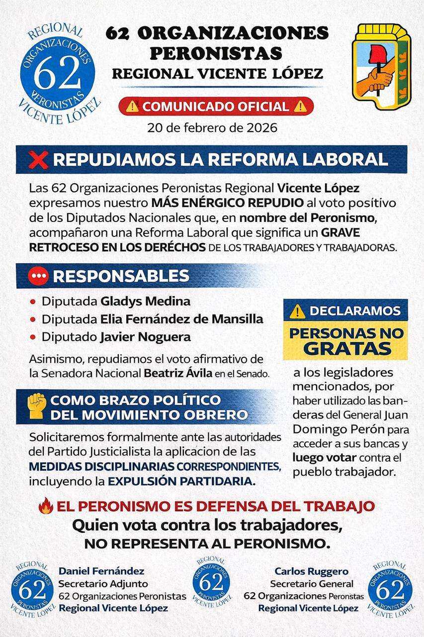 Las 62 Organizaciones Peronistas de Vicente López repudiaron la Reforma Laboral y declararon “personas no gratas” a legisladores