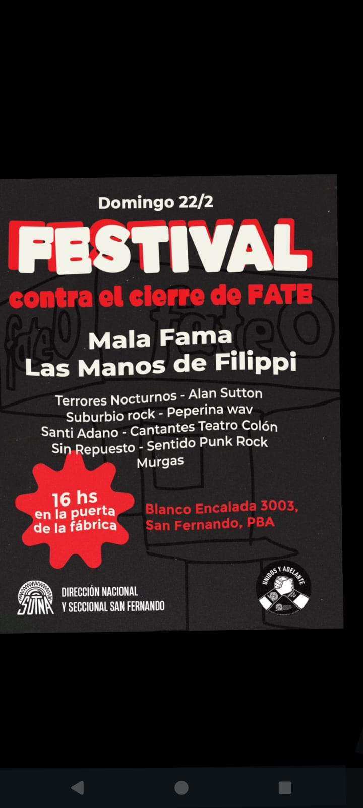 Festival en San Fernando contra el cierre de FATE: Mala Fama y Las Manos de Filippi encabezarán la jornada solidaria