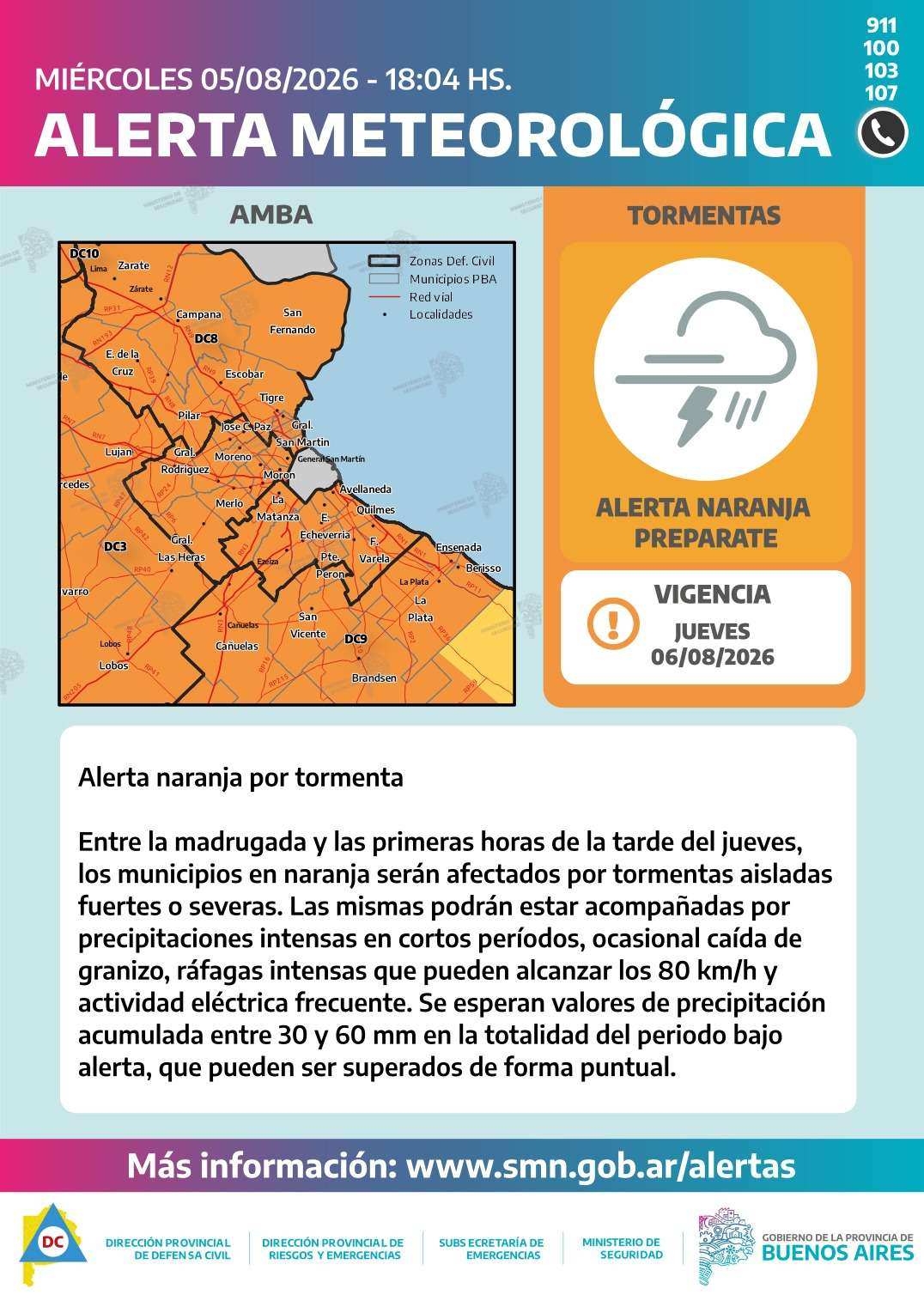 Atención: Rige un Alerta Naranja por Tormentas