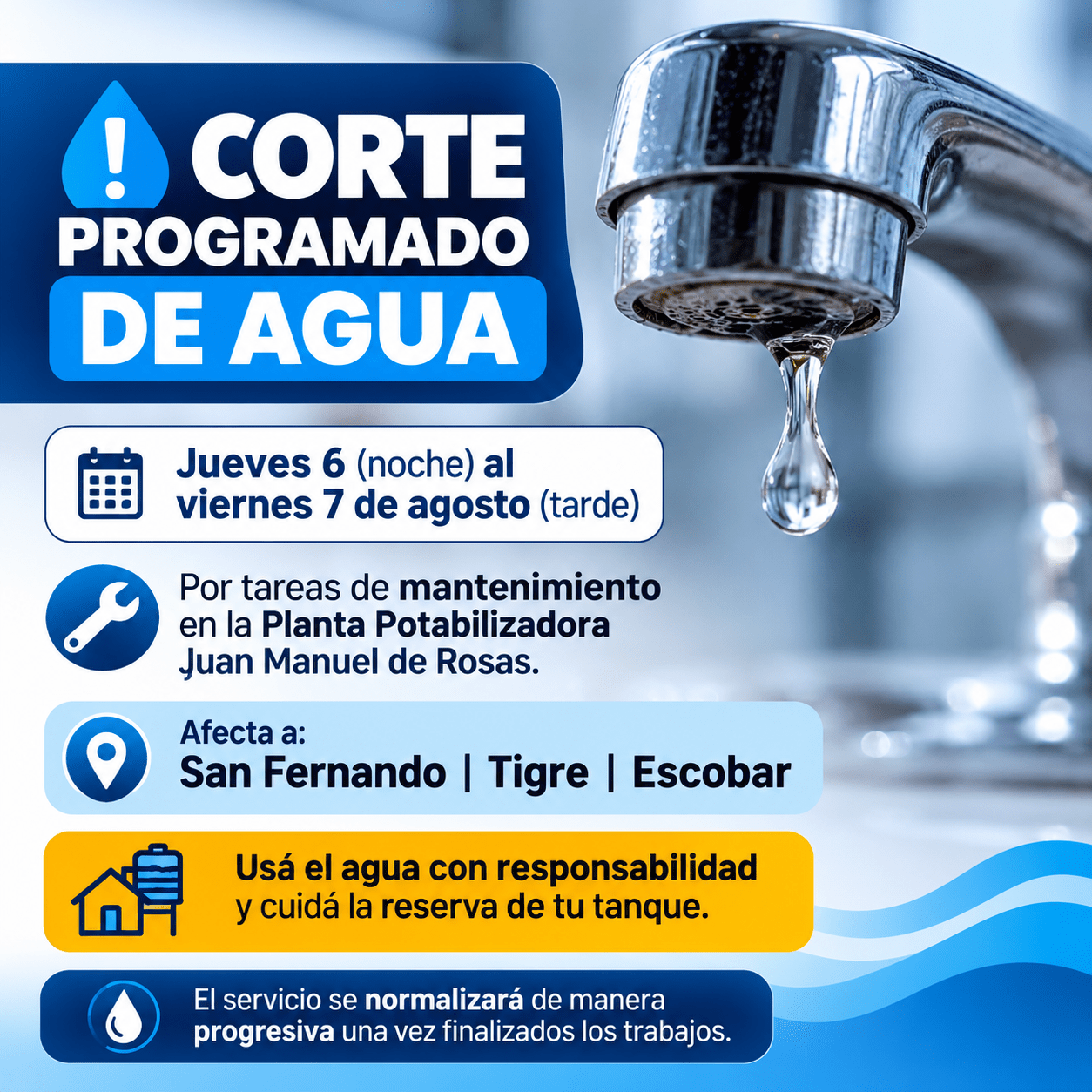 Mantenimiento programado en planta potabilizadora afectará el servicio de agua en la región