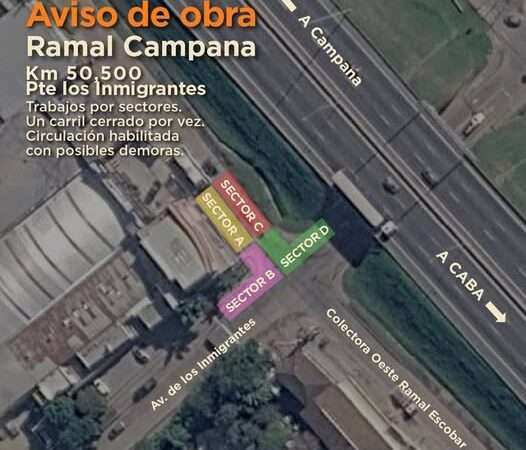 Obras en la Colectora Oeste del Ramal Campana: habrá un carril cerrado por vez en Escobar hasta el 22 de octubre