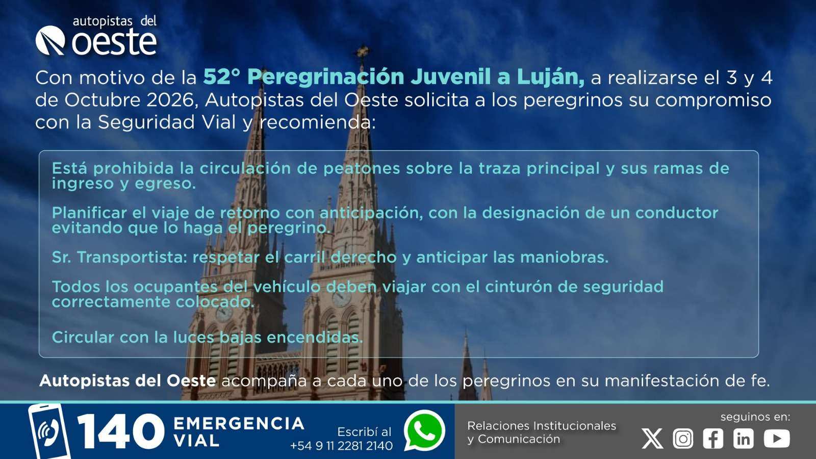 Peregrinación a Luján: Autopistas del Oeste difundió recomendaciones para viajar con seguridad